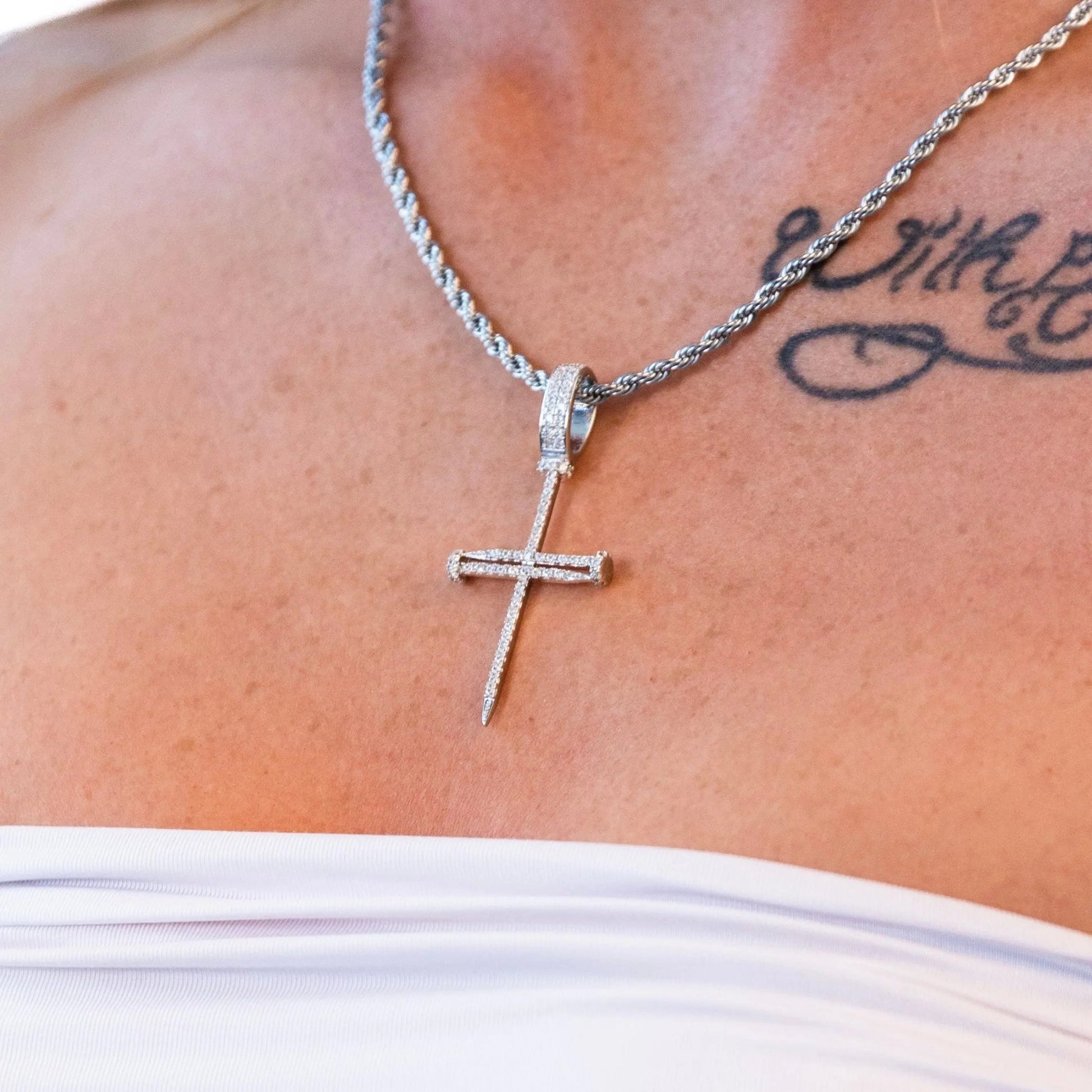 Iced Nail Cross Pendant - White Gold - Tyresse