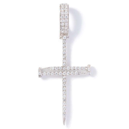 Iced Nail Cross Pendant - White Gold