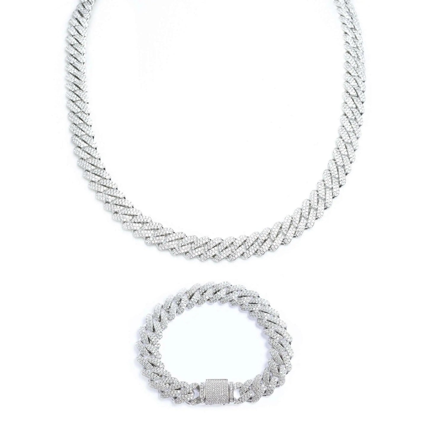  Tyresse 12mm Iced Prong Cuban Chain + Bracelet - White Gold