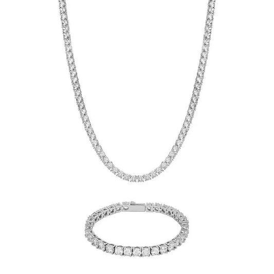  Tyresse 5mm Tennis Chain + Bracelet Set - White Gold